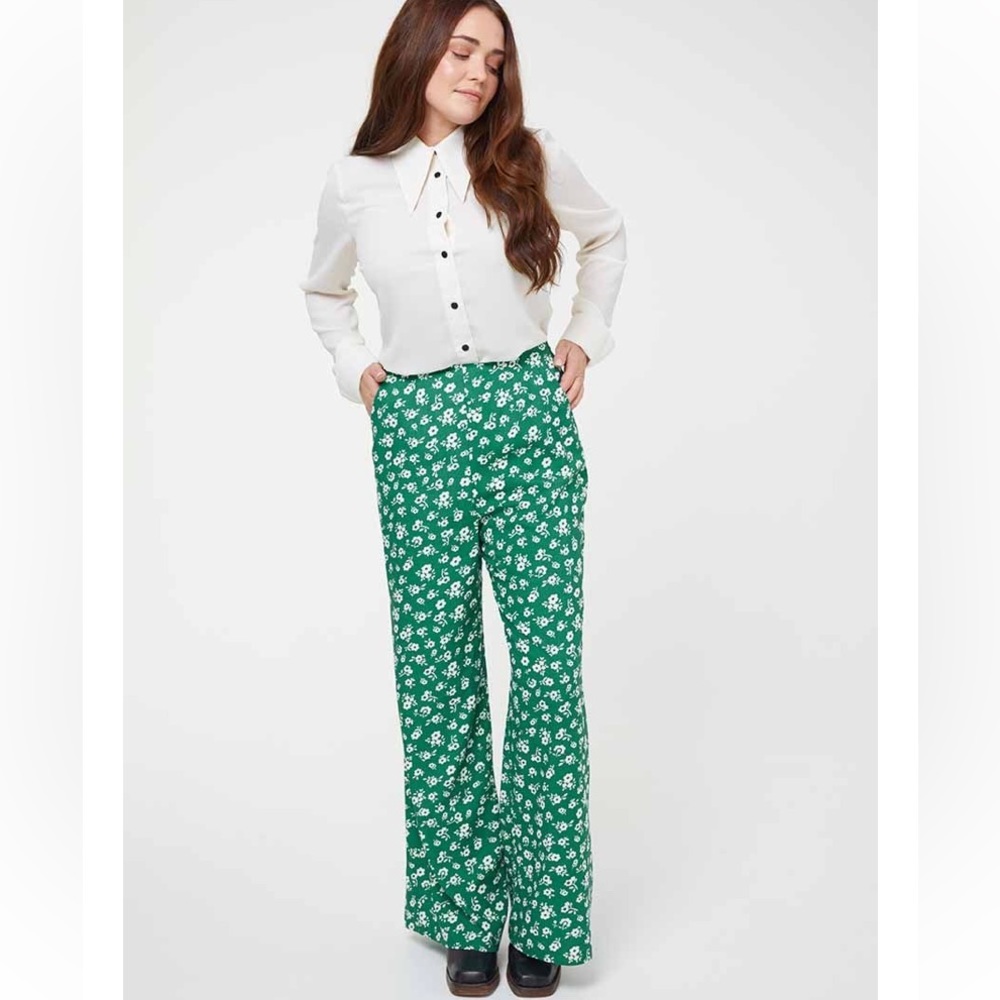 Green Floral sustainable Wide Leg Pants w/pockets Joanie Clothing US Size 10